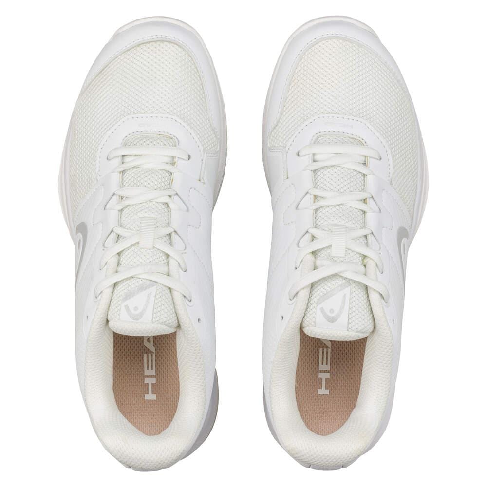 Top view of HEAD Revolt Court Womens 2025 Tennis Shoes in white/grey. These sneakers showcase a mesh texture with white laces, lightweight comfort, a subtle side design, and "HEAD" on the insoles.