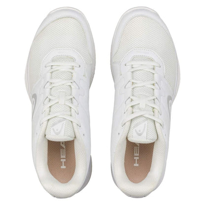 Top view of HEAD Revolt Court Womens 2025 Tennis Shoes in white/grey. These sneakers showcase a mesh texture with white laces, lightweight comfort, a subtle side design, and "HEAD" on the insoles.