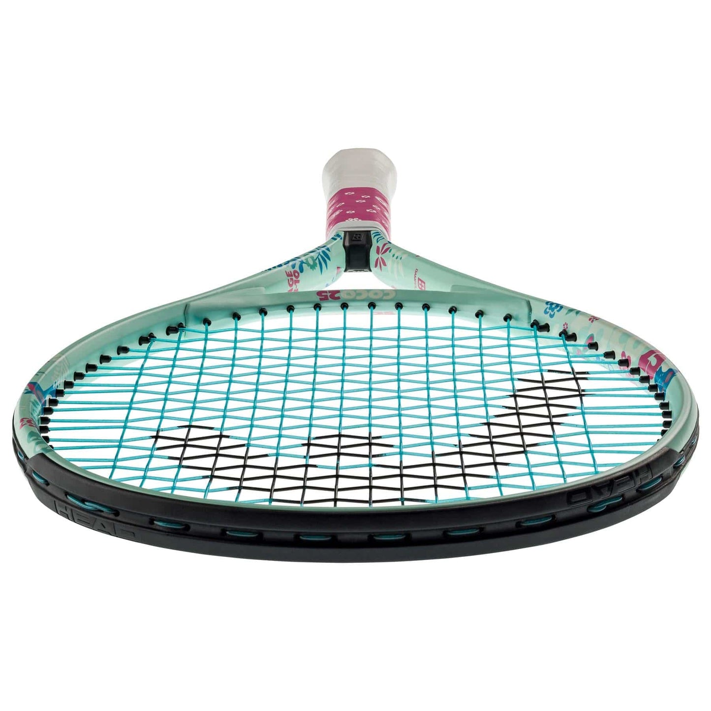 The HEAD Coco 25 Junior Tennis Racket by HEAD features a turquoise and white frame with black strings, a white taped handle with a pink accent, and a colorful patterned design. Viewed from bottom up.