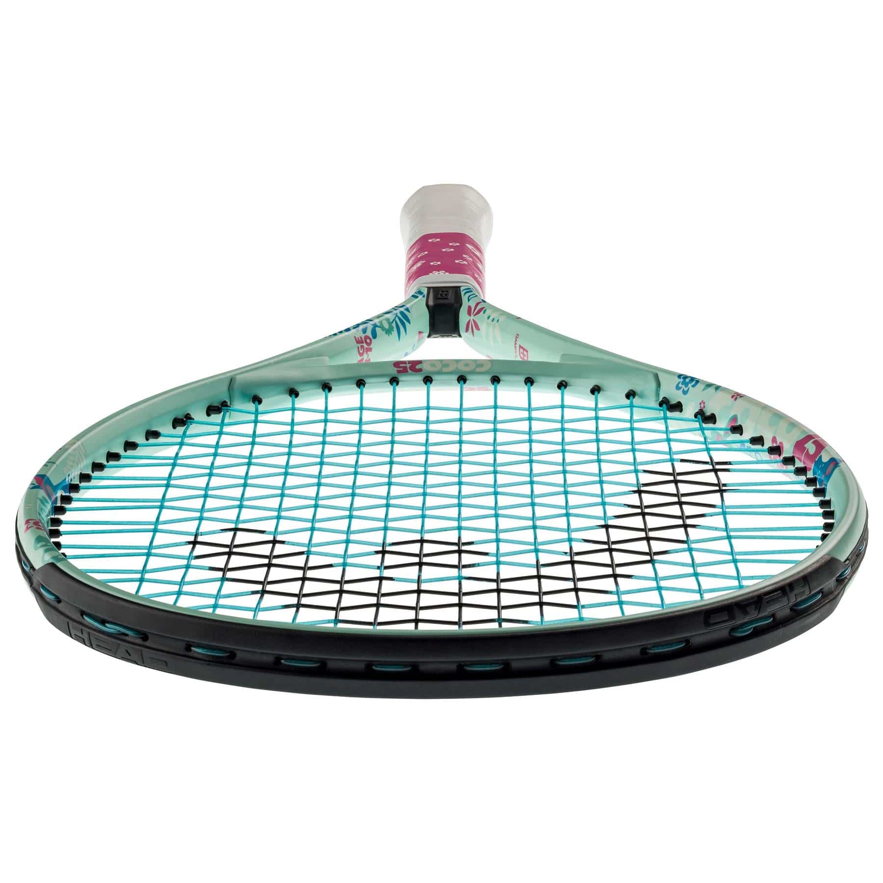 The HEAD Coco 25 Junior Tennis Racket by HEAD features a turquoise and white frame with black strings, a white taped handle with a pink accent, and a colorful patterned design. Viewed from bottom up.