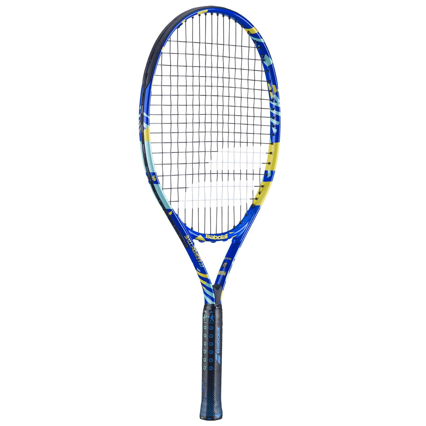 The Babolat BallFighter 25 Junior Tennis Racket, designed in blue and yellow, features a black teaching grip and strings set against a plain white background.