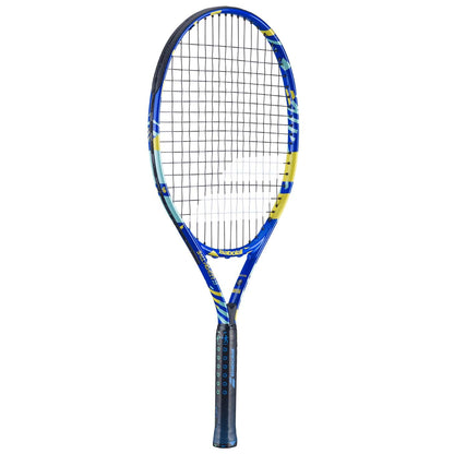The Babolat BallFighter 25 Junior Tennis Racket, designed in blue and yellow, features a black teaching grip and strings set against a plain white background.