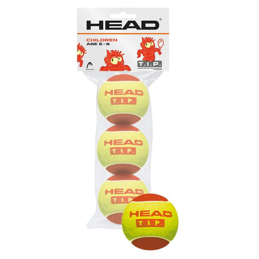 Product: HEAD TIP Tennis Balls (3 Ball Pack) - Red  
Designed for children ages 5-8, a pack of three HEAD T.I.P. RED tennis balls comes with playful cartoon monster packaging. These pressureless tennis balls are yellow with an orange stripe and feature a red logo, making them an exciting choice for young players.