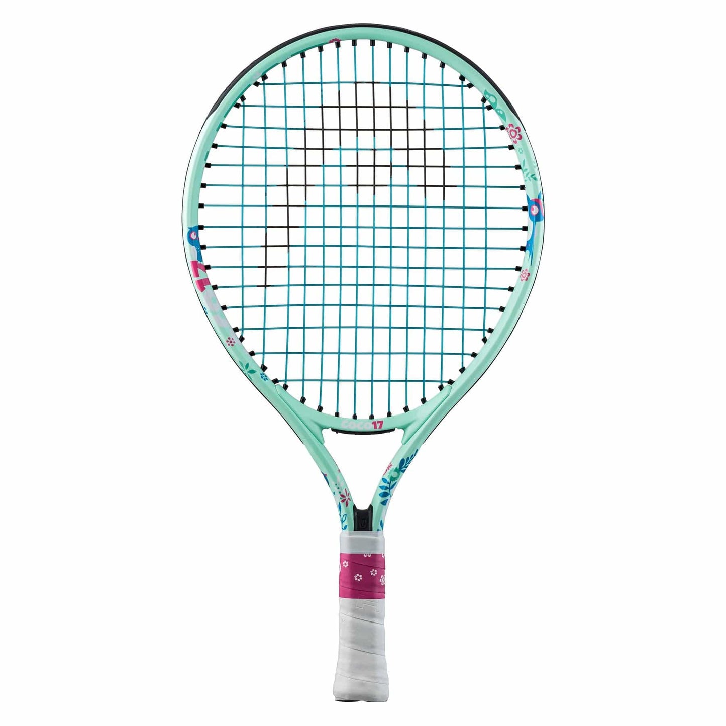 Introducing the HEAD Coco 17 Junior Tennis Racket in Mint, inspired by Coco Gauff. This contemporary racket showcases a modern teal hue with a pink grip and detailed patterning on its frame, highlighted by an eye-catching crisscross string design. Ideal for young players eager to excel on the court.