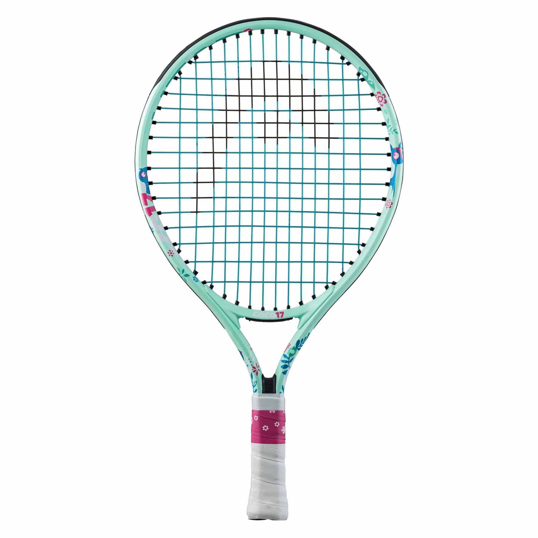 Introducing the HEAD Coco 17 Junior Tennis Racket in Mint, inspired by Coco Gauff. This contemporary racket showcases a modern teal hue with a pink grip and detailed patterning on its frame, highlighted by an eye-catching crisscross string design. Ideal for young players eager to excel on the court.