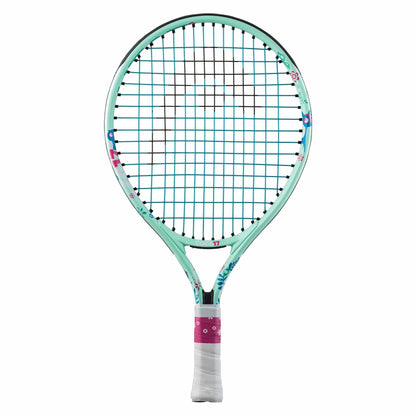 Introducing the HEAD Coco 17 Junior Tennis Racket in Mint, inspired by Coco Gauff. This contemporary racket showcases a modern teal hue with a pink grip and detailed patterning on its frame, highlighted by an eye-catching crisscross string design. Ideal for young players eager to excel on the court.