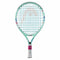 Introducing the HEAD Coco 17 Junior Tennis Racket in Mint, inspired by Coco Gauff. This contemporary racket showcases a modern teal hue with a pink grip and detailed patterning on its frame, highlighted by an eye-catching crisscross string design. Ideal for young players eager to excel on the court.