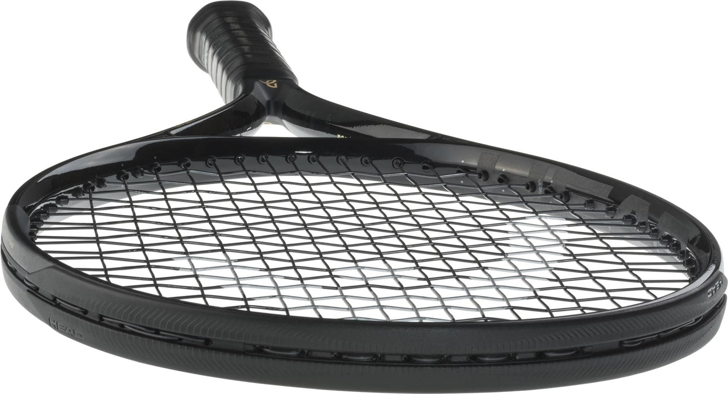 A close-up shows the HEAD Speed MP Legend 2025 Tennis Racket, lying on its side with visible strings and frame. The modern black design and taped grip echo Novak Djokovic’s signature style.