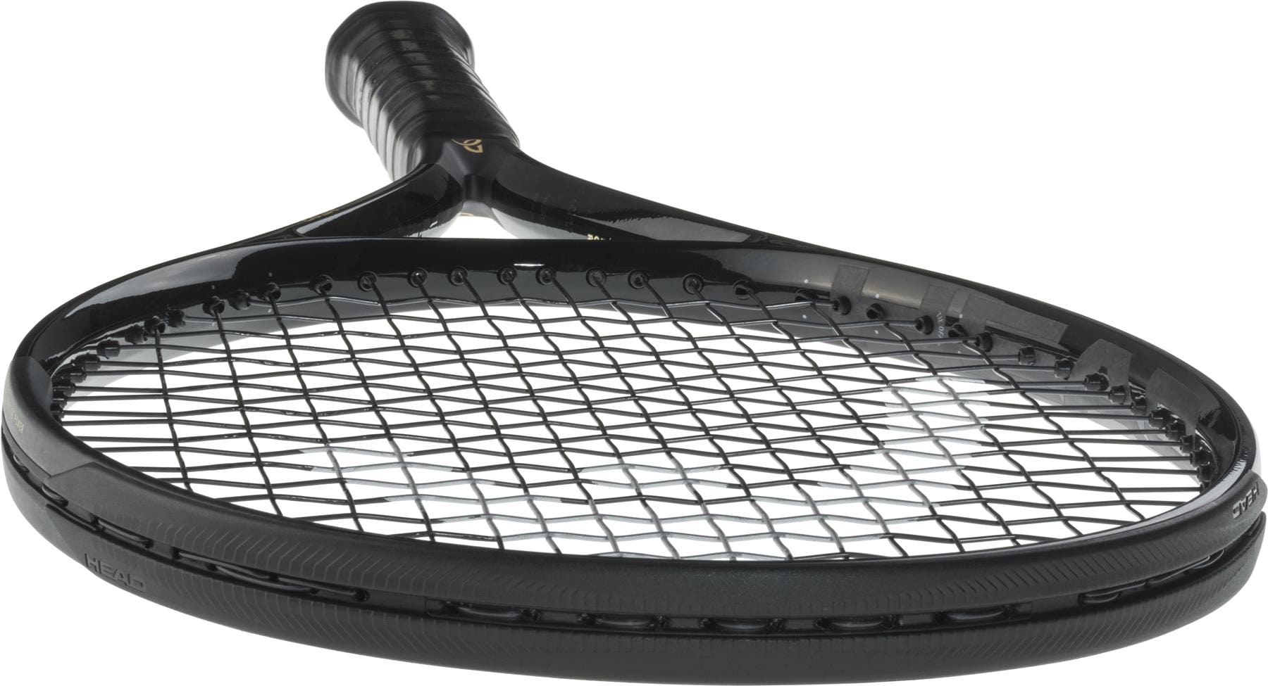 A close-up shows the HEAD Speed MP Legend 2025 Tennis Racket, lying on its side with visible strings and frame. The modern black design and taped grip echo Novak Djokovic’s signature style.
