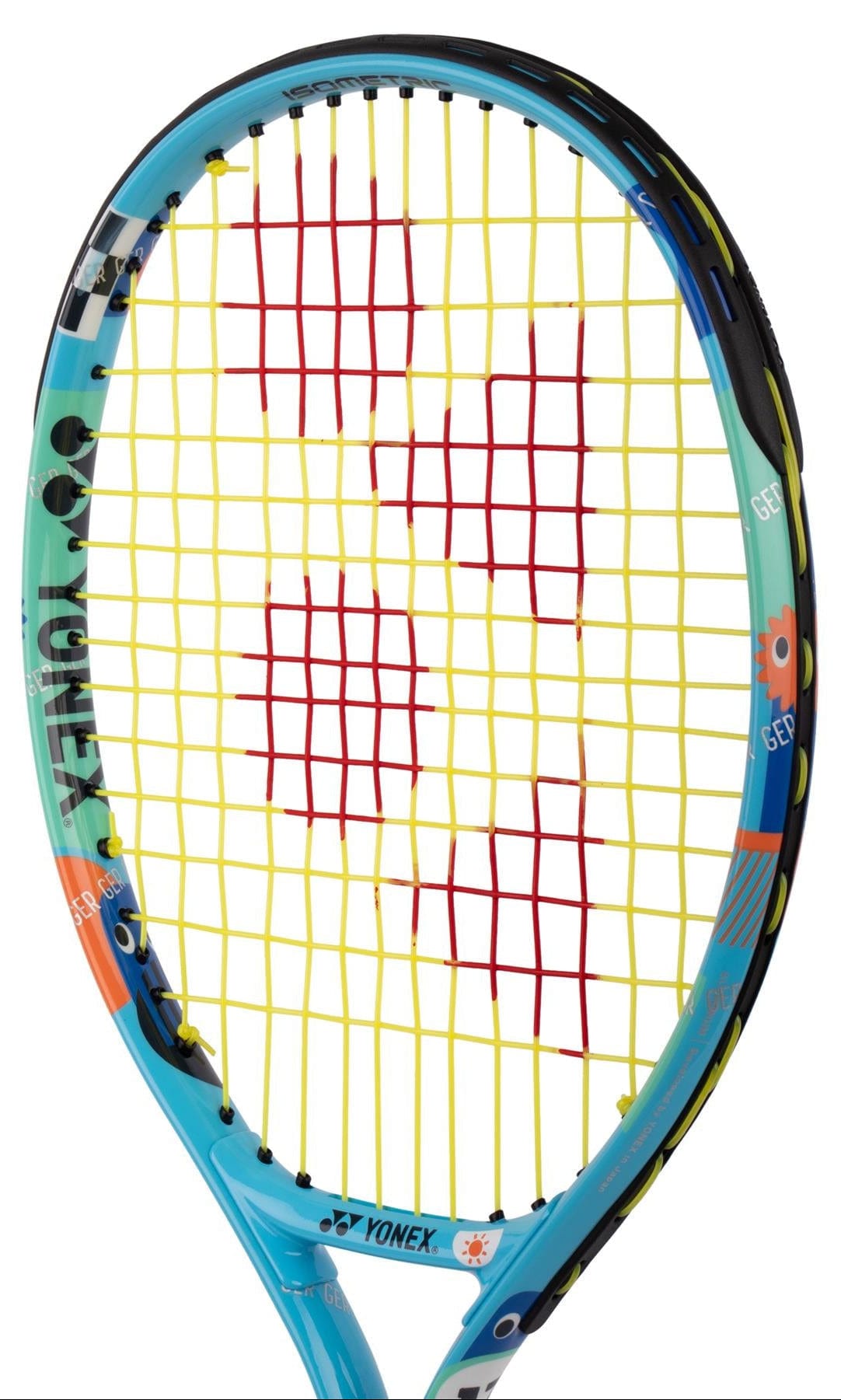 A close-up of the Yonex Junior 17 Ocean Blue Tennis Racket, designed for kids with a blue frame, featuring colorful accents and Yonex branding—ideal as a beginner's tennis racket.