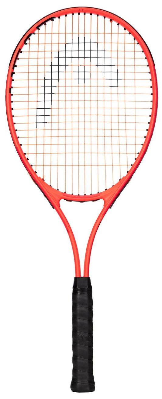 The HEAD Radical 27 Tennis Racket 2025 by HEAD, shown upright in red with black strings and grip against a white background—an ideal tennis racket for adult beginners.
