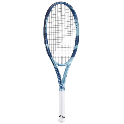 The Babolat Pure Drive Junior 26 Gen 11 Tennis Racket features a blue/light blue design with a white grip and grid string pattern, offering a modern look ideal for advanced young players.
