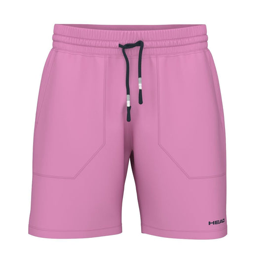 A pair of HEAD Performance Men's Play Tennis Shorts in cyan pink featuring an elastic waistband and black drawstring. Made from moisture transfer microfiber, these athletic shorts provide 4-way stretch, two front pockets with bold stitching, and a sleek black logo on the lower left side.