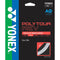 The Yonex Polytour REV Tennis String in white is crafted from polyester monofilament and now includes silicone-infused filament for enhanced spin. The string spans 12m/39ft, emphasizing firmness and bite. Its label features the Yonex and Australian Open logos, showcasing its status as an official partner product made in Japan.