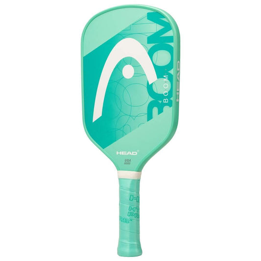 The HEAD Boom Team EX 2024 Pickleball Paddle by HEAD features a mint green color, white logo, rounded edges, textured grip handle, and a fiberglass hitting surface for enhanced control.