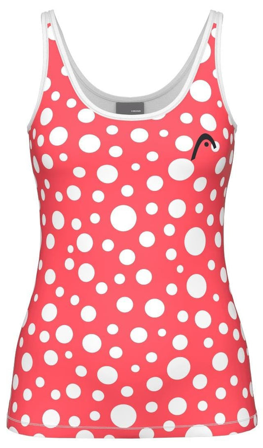 The HEAD Spirit II Womens Tennis Tank Top - GIXR is a red top with white polka dots and a small abstract logo on the left chest. It features advanced cooling technology and Moisture Transfer Microfiber to keep you comfortable and dry during intense matches.