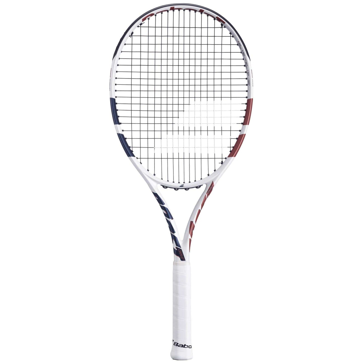The Babolat Boost Drive Tennis Racket by Babolat features a lightweight graphite frame, a 680cm² head, black strings, and a white grip with blue and red accents on a plain white background.