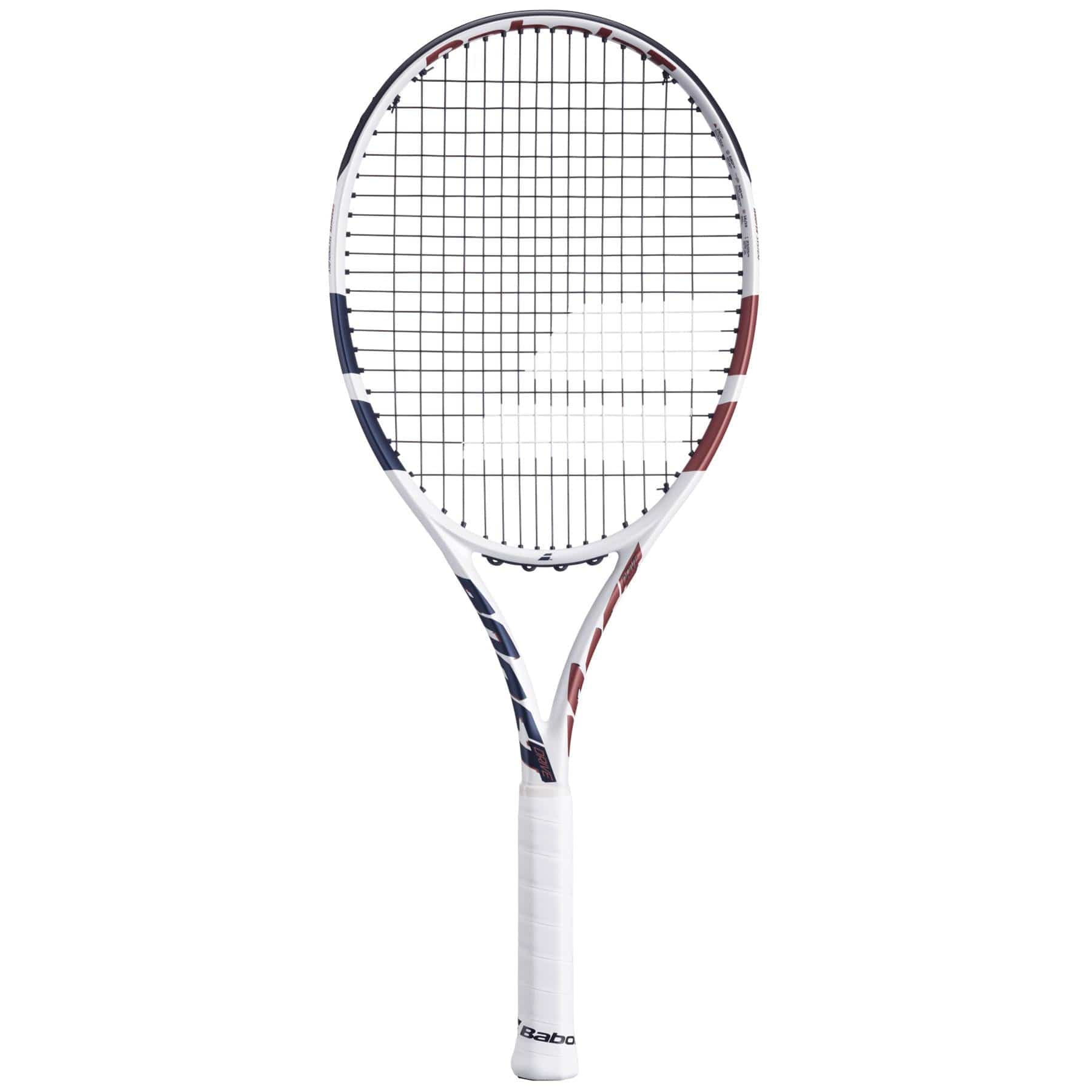 The Babolat Boost Drive Tennis Racket by Babolat features a lightweight graphite frame, a 680cm² head, black strings, and a white grip with blue and red accents on a plain white background.