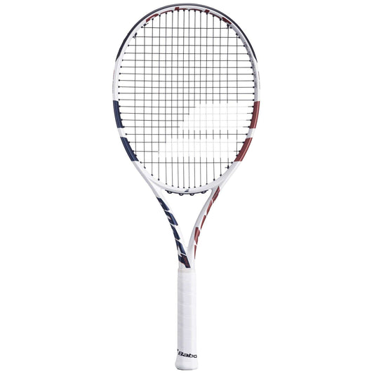 The Babolat Boost Drive Tennis Racket by Babolat features a lightweight graphite frame, a 680cm² head, black strings, and a white grip with blue and red accents on a plain white background.