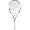The Babolat Boost Drive Tennis Racket by Babolat features a lightweight graphite frame, a 680cm² head, black strings, and a white grip with blue and red accents on a plain white background.