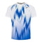 Say hello to the HEAD Topspin Mens Tennis T-Shirt - WHXV. This stylish white shirt from HEAD features a blue and light blue abstract vertical brush stroke pattern. It includes a subtle logo on the chest and is crafted with Moisture Transfer Microfiber technology along with a breathable mesh back to ensure maximum comfort.