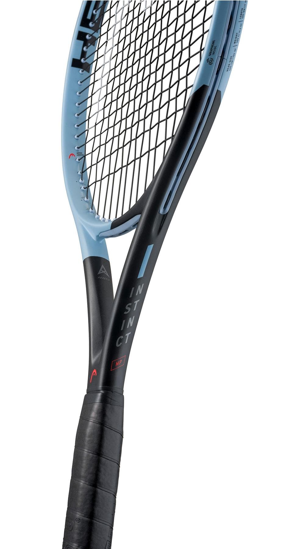 Close-up of the HEAD Instinct MP 2025 Tennis Racket with a light blue and black frame, black strings, and grip. "INSTINCT" is printed on the throat. Designed for advanced players seeking HEAD’s Auxetic technology.