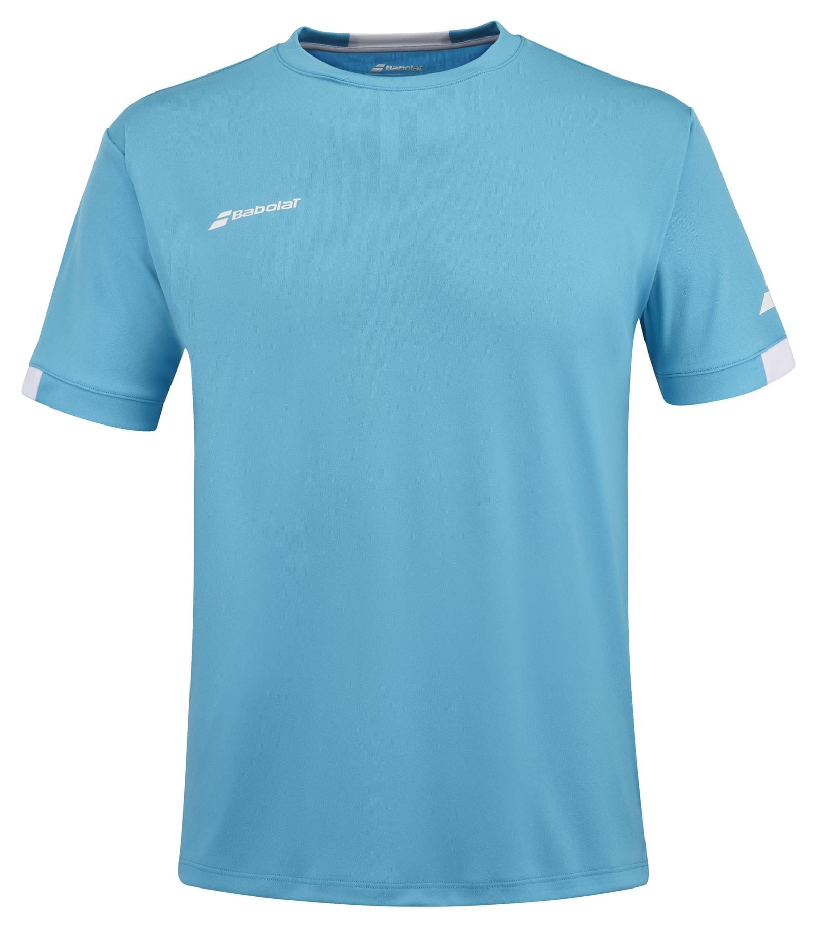 The Babolat Play Men's Crew Neck Tennis T-Shirt in Cyan Blue is an athletic top featuring short sleeves and a classic crew neck design. It showcases a small white logo on the left chest and another on the right sleeve. Made with Fiber Dry technology, this shirt offers a simple yet sporty design ideal for active wear.