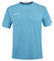 The Babolat Play Men's Crew Neck Tennis T-Shirt in Cyan Blue is an athletic top featuring short sleeves and a classic crew neck design. It showcases a small white logo on the left chest and another on the right sleeve. Made with Fiber Dry technology, this shirt offers a simple yet sporty design ideal for active wear.