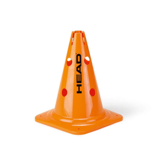 The HEAD Big Training Cones, manufactured by HEAD, are orange traffic cones designed with circular holes and the word "HEAD" prominently displayed vertically in black. These cones are ideal for target exercises and feature a square base for stability, all set against a plain white background. They are perfect for marking boundaries during running exercises or drills.