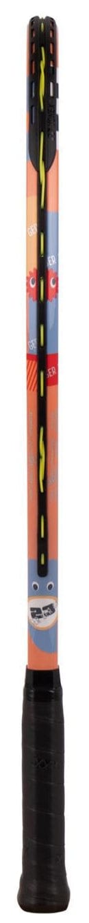 The Yonex Junior 23 Coral Orange Tennis Racket features a vibrant design with playful patterns on the frame, a black grip handle, and yellow strings with black details—ideal for young players.