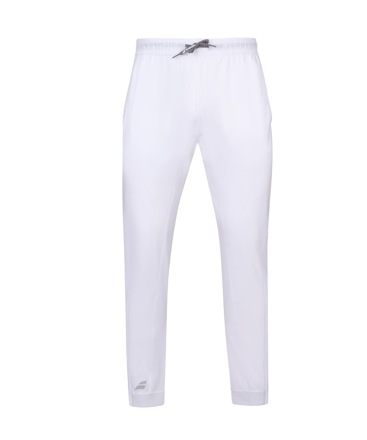 Introducing the Babolat Play Men's Tennis Pants in White, featuring an elastic waistband and drawstring for a comfortable fit. These pants are crafted from four-way stretch fabric and boast a slim fit design with a subtle logo near the left ankle, offering a clean and minimalist appearance. Perfect for both sports and casual outings, these pants are also ideal for winter evenings.
