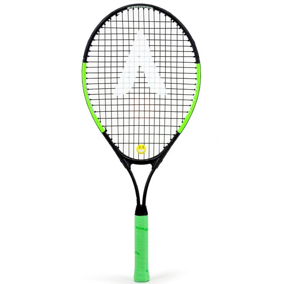The Karakal Flash 25 Junior Tennis Racket in black and green with a green handle and white logo on the strings is shown on a plain white background—ideal as a starter racket for kids. Brand: Karakal.