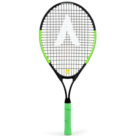 The Karakal Flash 25 Junior Tennis Racket in black and green with a green handle and white logo on the strings is shown on a plain white background—ideal as a starter racket for kids. Brand: Karakal.