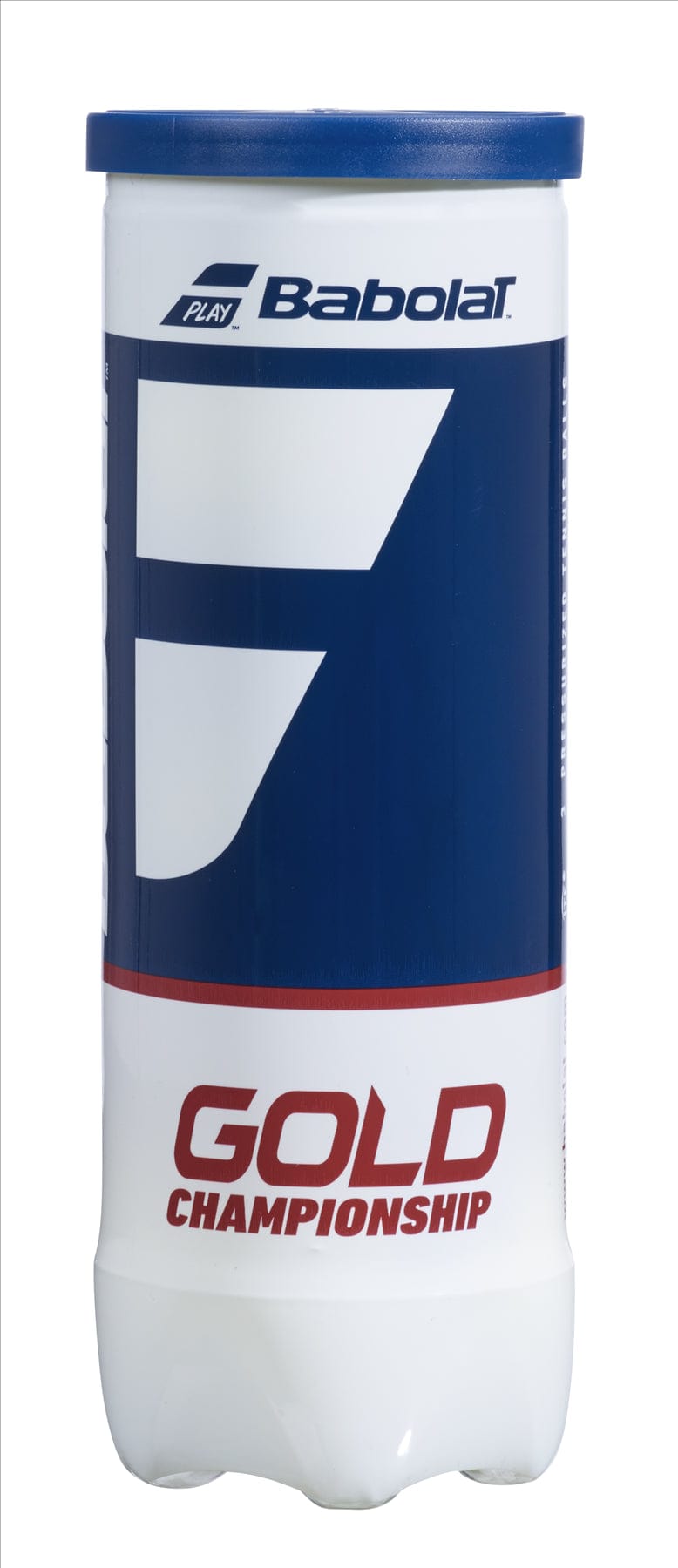 The Babolat EVO Gold Championship Tennis Balls are displayed in a cylindrical tube. The packaging features a predominantly blue and white design, prominently displaying the words "Gold Championship" in bold red letters to emphasize its status as a pressurized championship tennis ball.