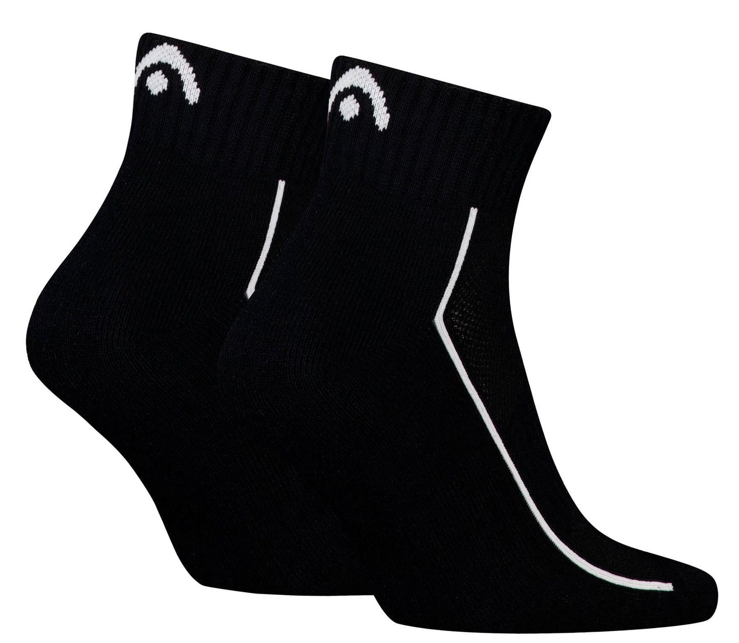 HEAD Performance Quarter Tennis Socks - Black (2 Pack) by HEAD feature white curved side stripes, a small white logo near the top cuff, and cushioned soles for comfort—perfect for tennis players seeking style and support.