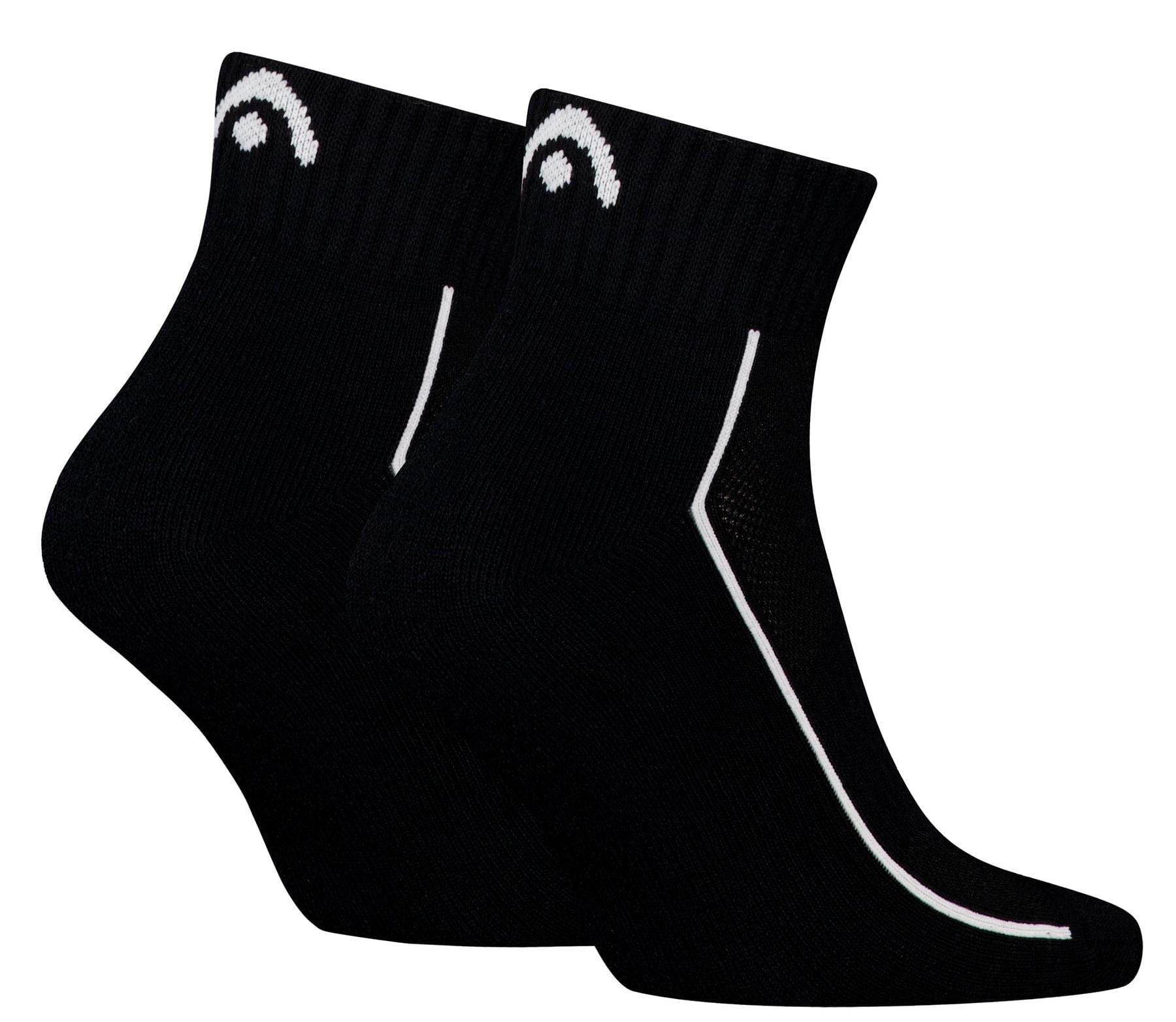 HEAD Performance Quarter Tennis Socks - Black (2 Pack) by HEAD feature white curved side stripes, a small white logo near the top cuff, and cushioned soles for comfort—perfect for tennis players seeking style and support.