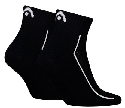 HEAD Performance Quarter Tennis Socks - Black (2 Pack) by HEAD feature white curved side stripes, a small white logo near the top cuff, and cushioned soles for comfort—perfect for tennis players seeking style and support.