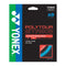 The image features the Yonex Polytour Strike Tennis String packaging in a vivid design, highlighting details such as its 1.25 mm gauge and 12 m length. Crafted from durable polyester, this string offers excellent control. The Yonex logo, symbolizing an official tennis partnership, is prominently displayed.