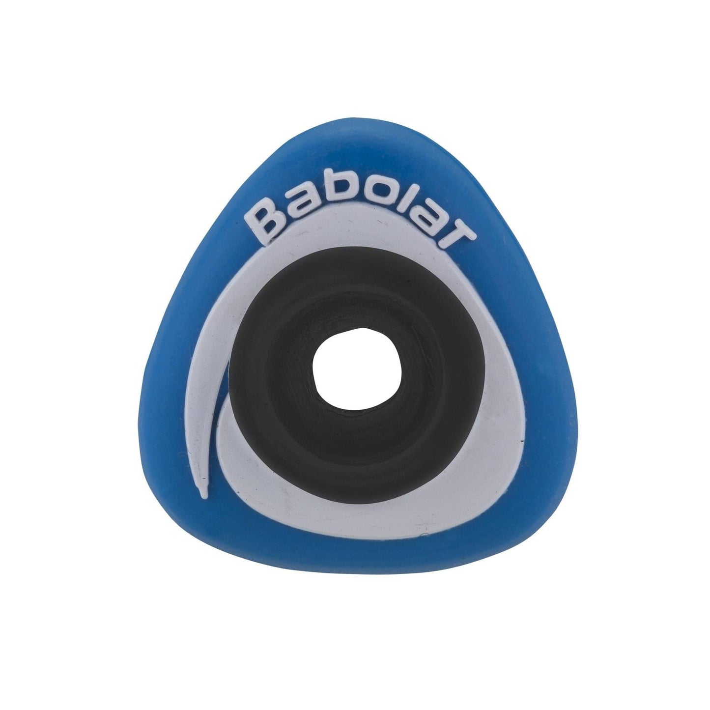 A blue and yellow Babolat Sonic Damp X2 tennis dampener, viewed from above, shows its distinctive triangular shape with branded detailing.