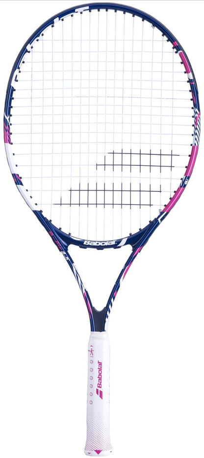 The Babolat B-Fly 25 Junior Tennis Racket - Blue / Pink features a white and pink grip, a blue and white frame, and sleek white strings. Ideal for young players, its vibrant design incorporates blue, white, and pink to create an eye-catching look.