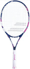 The Babolat B-Fly 25 Junior Tennis Racket - Blue / Pink features a white and pink grip, a blue and white frame, and sleek white strings. Ideal for young players, its vibrant design incorporates blue, white, and pink to create an eye-catching look.