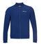 The Estate Blue Babolat Play Men's Tennis Jacket, ideal for chilly winter nights, boasts a high collar and features the logo on both the chest and the sleeve. Crafted from four-way stretch fabric, this jacket is showcased against a plain white background.