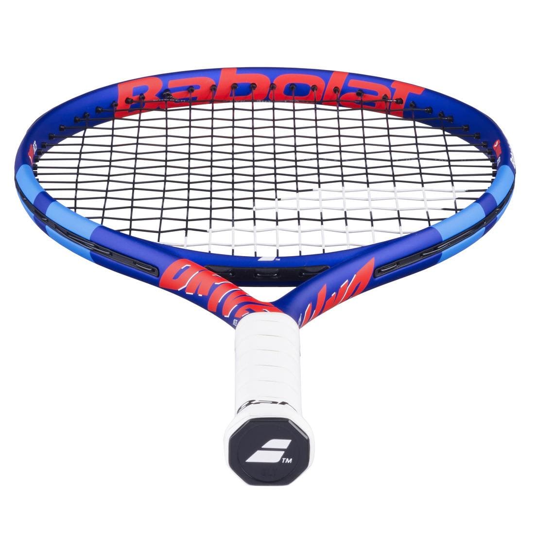 The Babolat Drive Junior 23 Tennis Racket by Babolat features a blue and red design with black strings and a white grip, photographed handle-end forward—ideal as a kids’ tennis racket.
