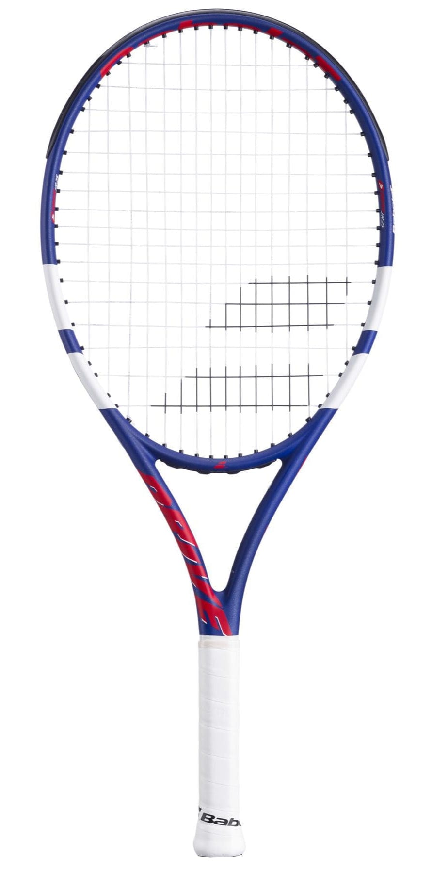 A Babolat Drive Junior 25 Tennis Racket by Babolat, featuring a blue, white, and red frame with a white grip and string bed, is shown against a plain white background.