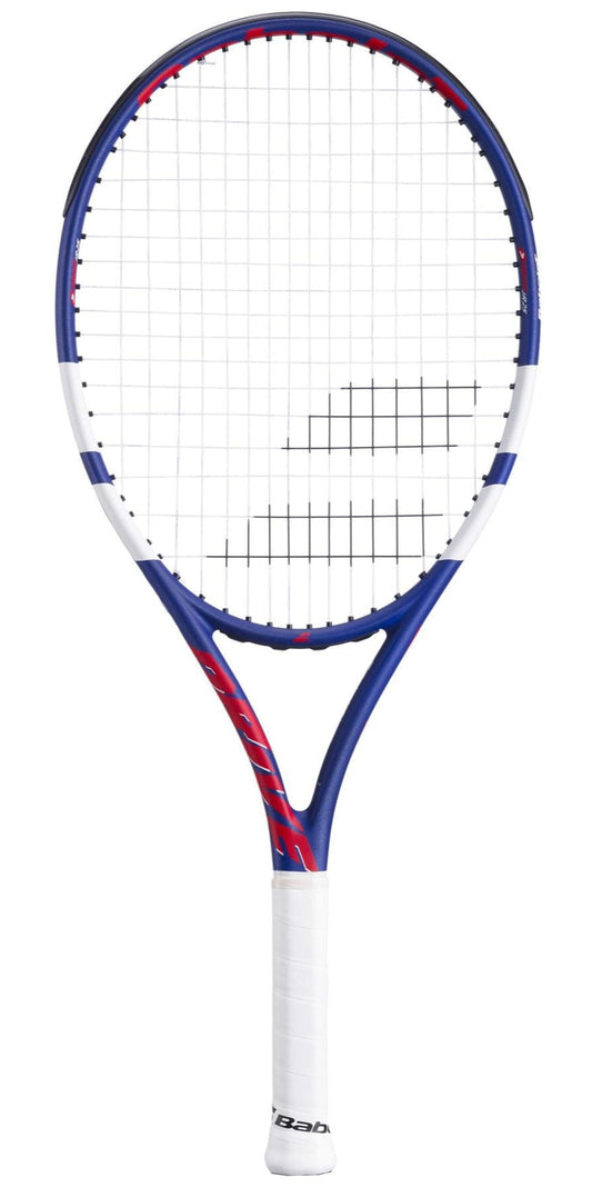 A Babolat Drive Junior 25 Tennis Racket by Babolat, featuring a blue, white, and red frame with a white grip and string bed, is shown against a plain white background.