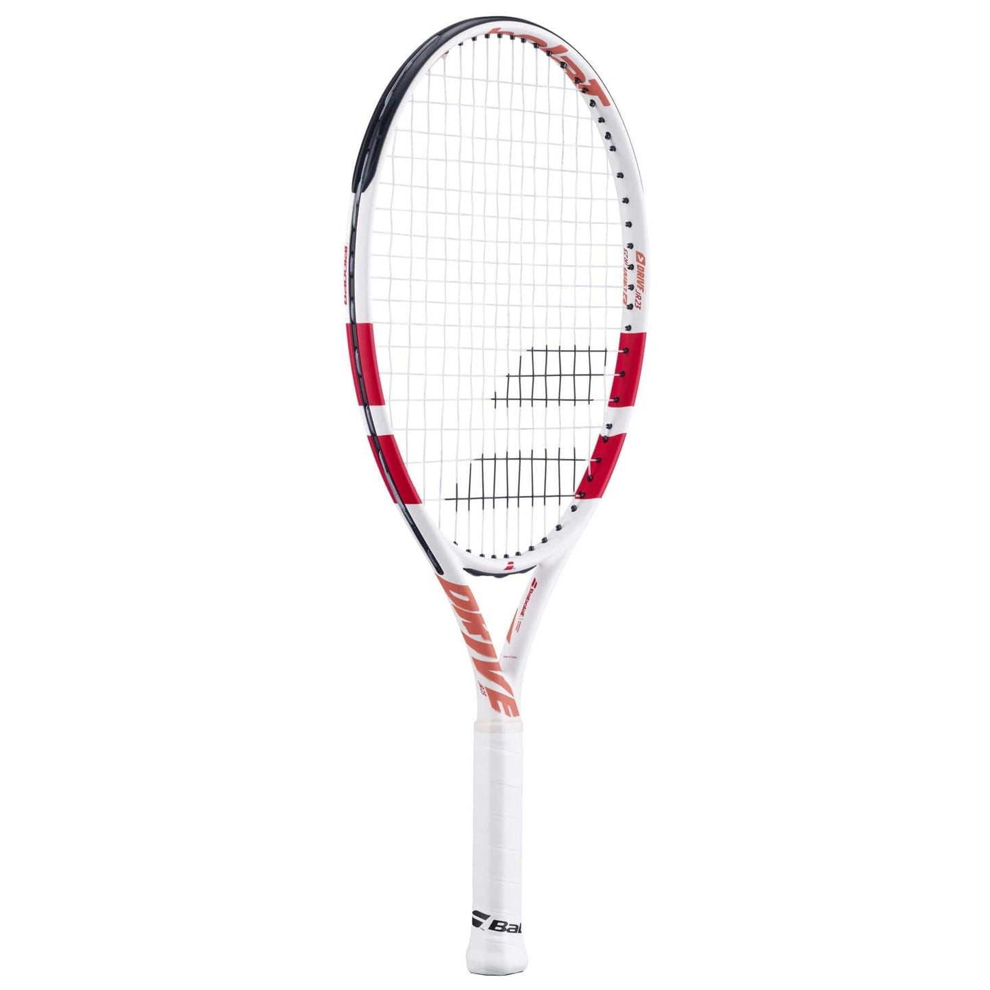 The Babolat Drive Junior 23 Tennis Racket features a white frame with red and black accents, a white grip, and a visible Babolat logo on the handle. "DRIVE" is displayed on the side, making it ideal for junior players.