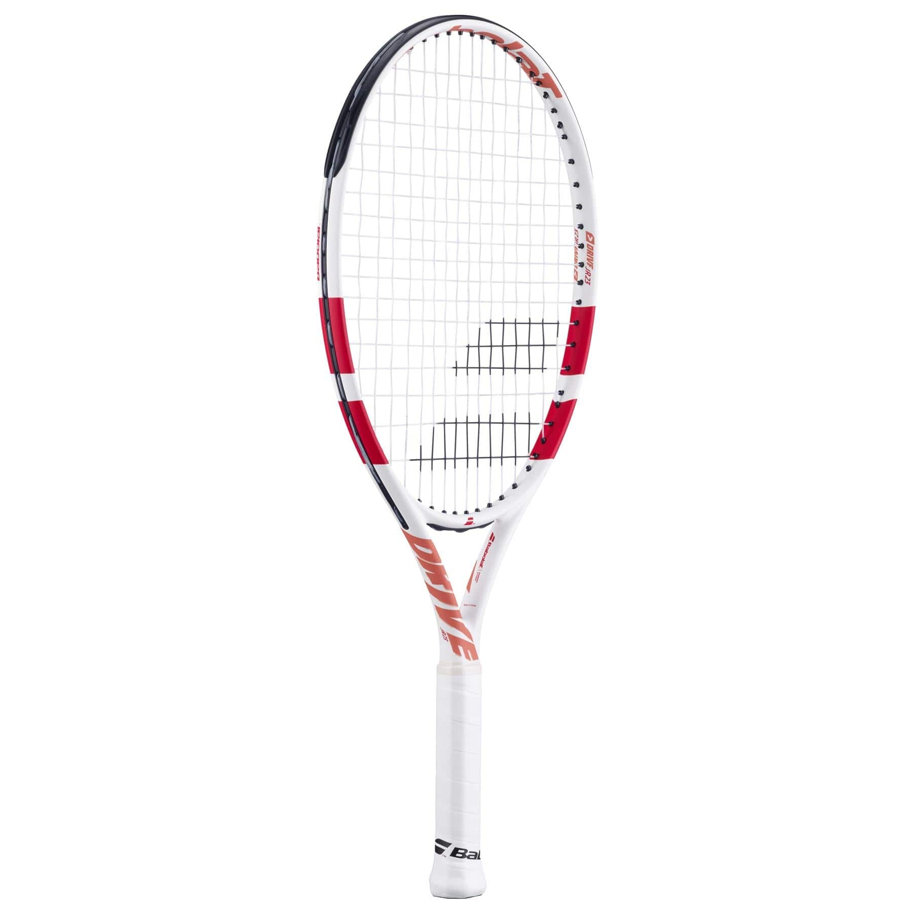 The Babolat Drive Junior 23 Tennis Racket features a white frame with red and black accents, a white grip, and a visible Babolat logo on the handle. "DRIVE" is displayed on the side, making it ideal for junior players.