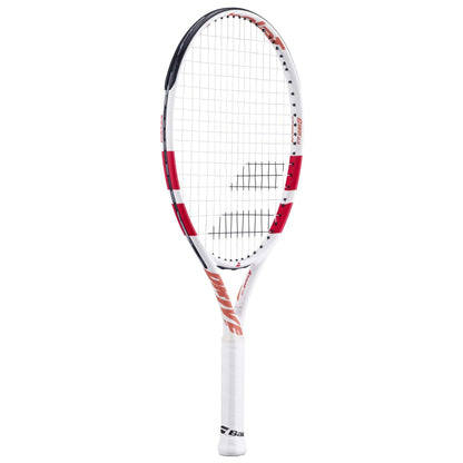 The Babolat Drive Junior 23 Tennis Racket features a white frame with red and black accents, a white grip, and a visible Babolat logo on the handle. "DRIVE" is displayed on the side, making it ideal for junior players.