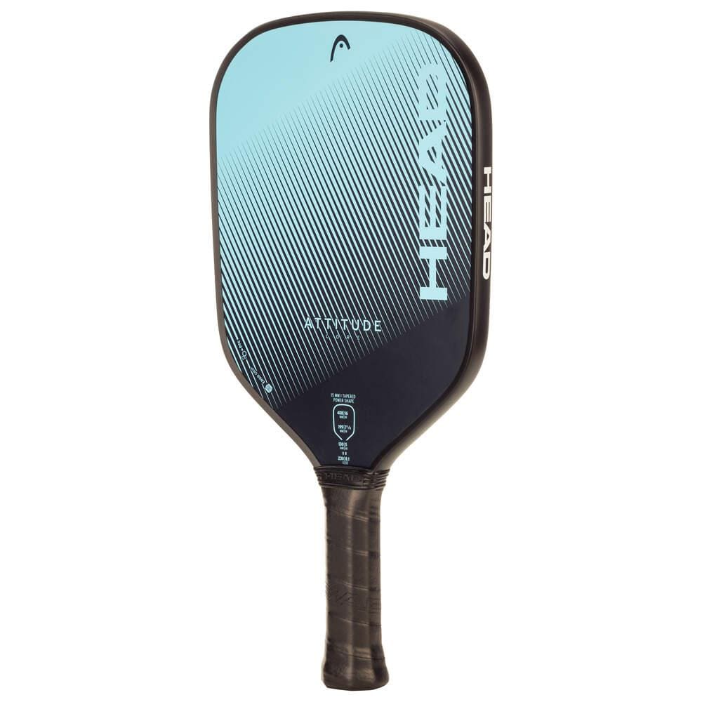 The HEAD Attitude Core Pickleball Paddle features a blue and black design with lightweight construction, a textured grip, and diagonal stripes—perfect as an entry-level paddle for new players.