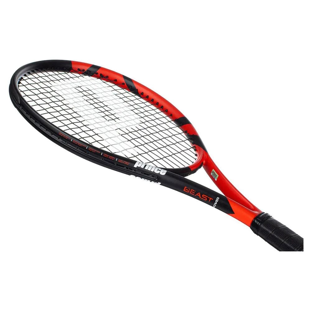 The Prince Beast Power 285g Tennis Racket by Prince, in red and black with "Prince" on the strings and "BEAST" on the frame, is crafted from graphite—perfect for beginners.